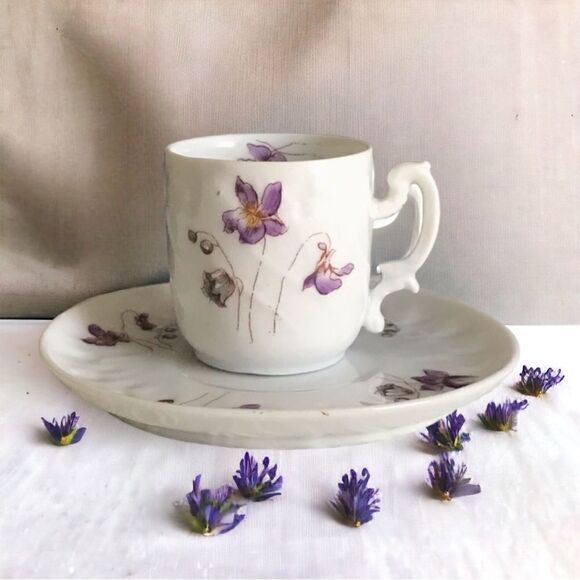 Vintage Antique Violets Demitasse Patterned  Bone China Cup Saucer Set - Picture 1 of 16